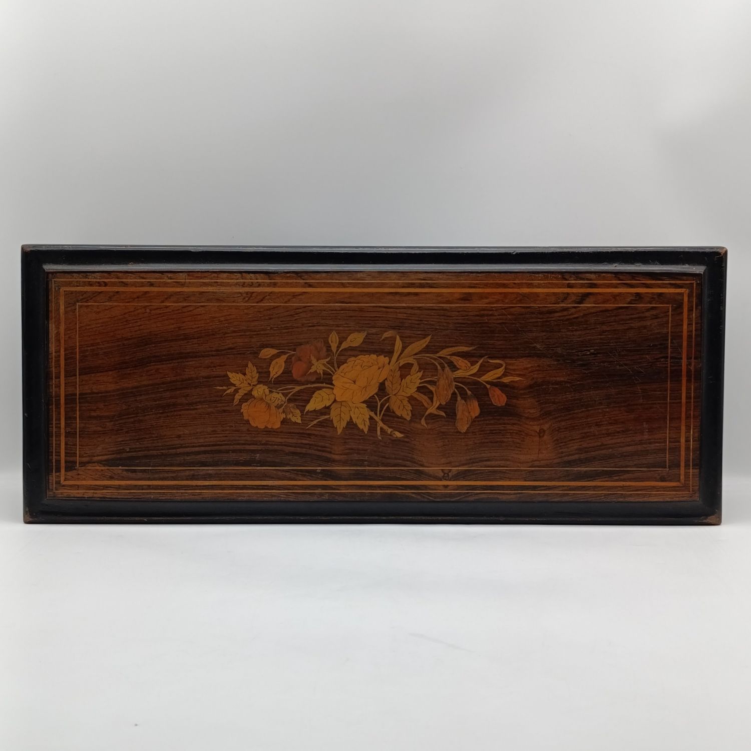 Antique 19th Century wooden music box with inlaid flower pattern - working