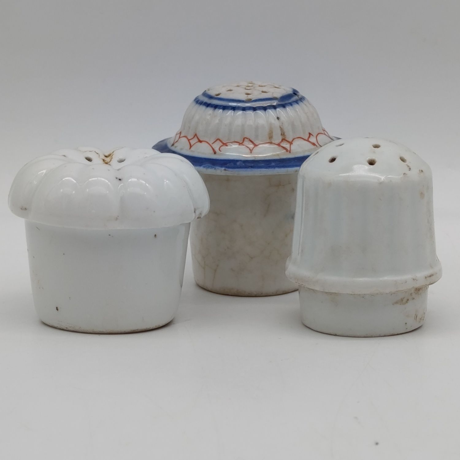 Lot of 3 Antique porcelain salt and pepper shakers - blue chipped