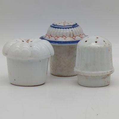 Lot of 3 Antique porcelain salt and pepper shakers - blue chipped