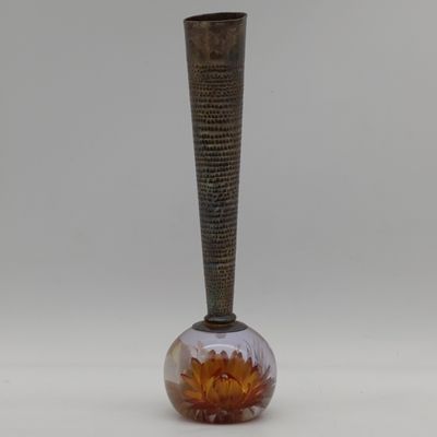 Vintage flower vase with flowers in resin base and silverplated flute