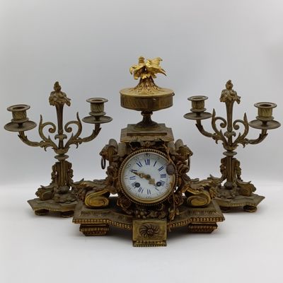 Antique French mantel clock with garniture candlesticks