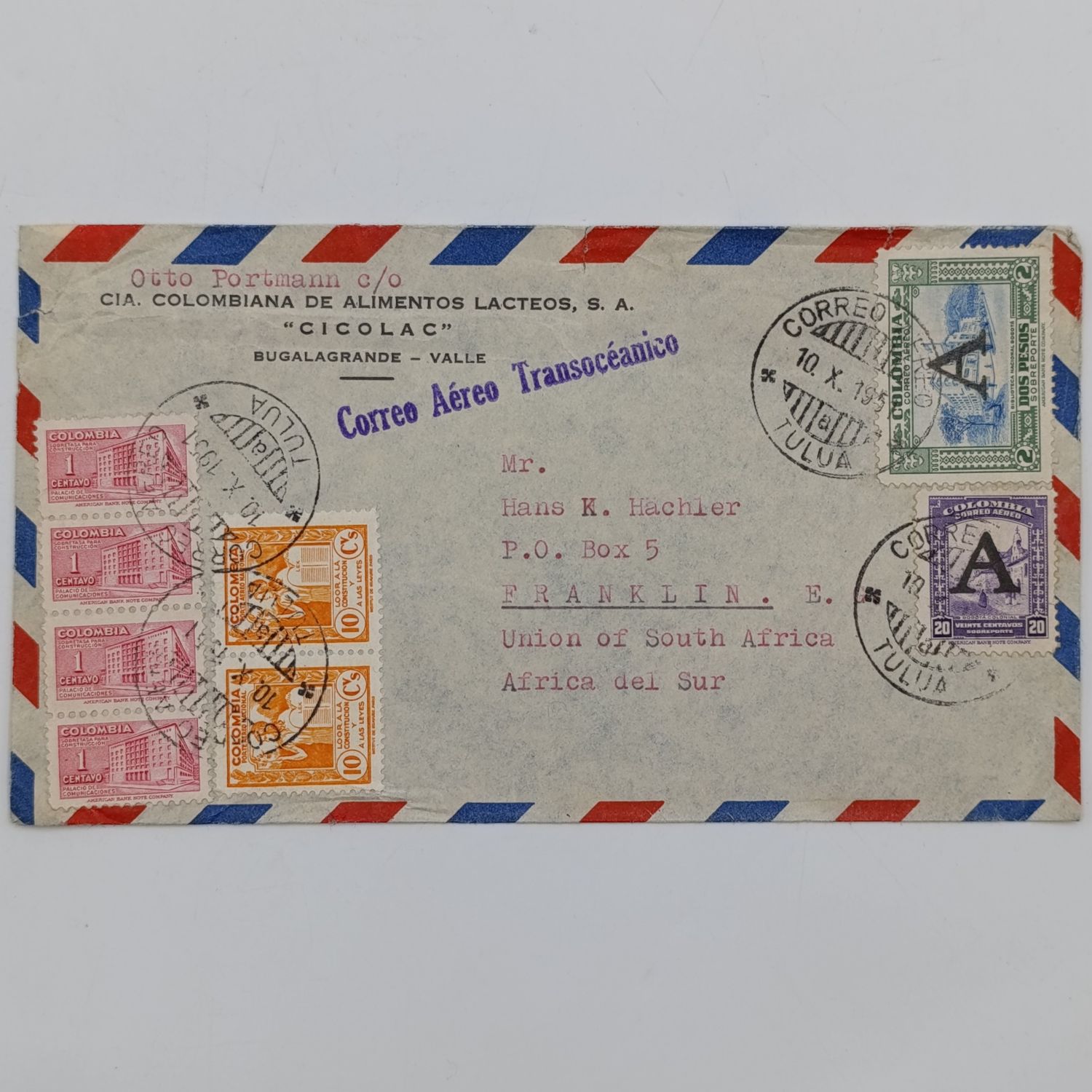 Letter sent from TULUA, Colombia to FRANKLIN, South Africa - Lot of 8 Columbian stamps used and cancelled 10/10/1951 - Letter sent via Transatlantic airmail service