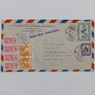 Letter sent from TULUA, Colombia to FRANKLIN, South Africa - Lot of 8 Columbian stamps used and cancelled 10/10/1951 - Letter sent via Transatlantic airmail service