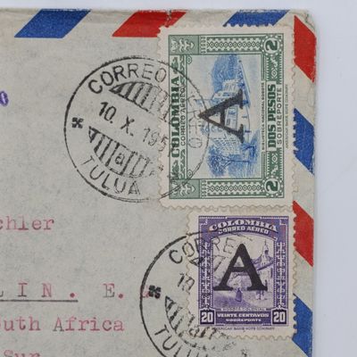 Letter sent from TULUA, Colombia to FRANKLIN, South Africa - Lot of 8 Columbian stamps used and cancelled 10/10/1951 - Letter sent via Transatlantic airmail service