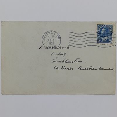 Canadian National Railways stationary used to send letter to Vaduz Liechtenstein from Montreal, Canada with 10 cents George 5 Canadian stamp cancelled 5 June 1925 and Green wax seal with R at the back