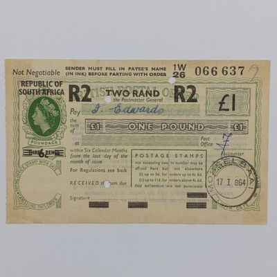 Postal order for R2/One pound 1964 with 3 pence poundage over stamped 6c