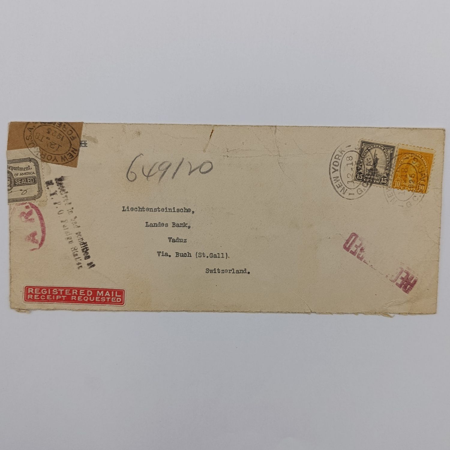 Registered cover New York, USA to Vaduz, Switzerland with US 10c and 15c stamps cancelled 18 Dec 1925