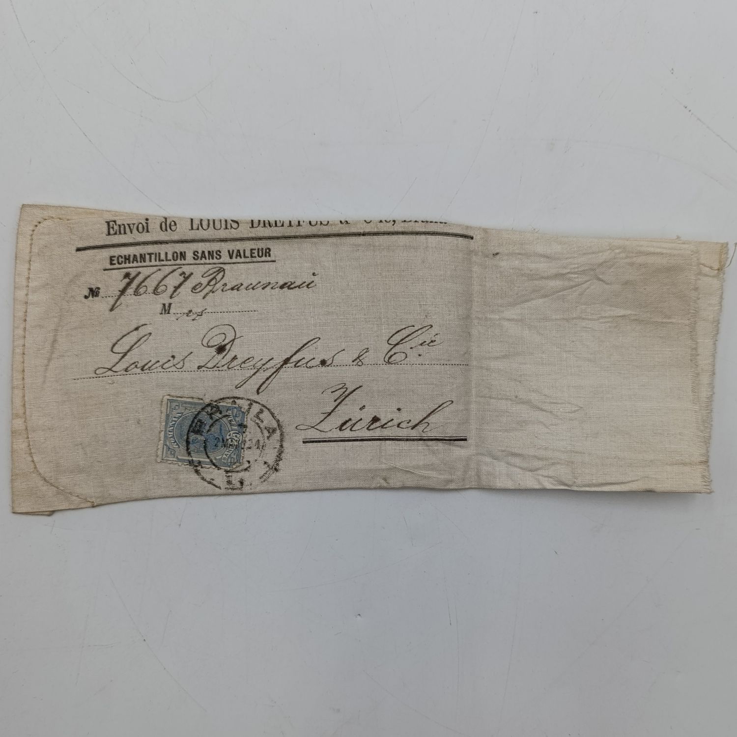 Louis Dreyfus and Co - Fabric sample sent from Braila, Romania to Zurich, Switzerland - with address and stamp right on the material sample - 25 Bani Romania stamp cancelled, 2 May 1924