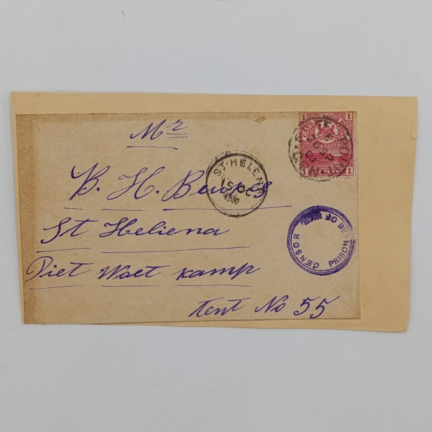 ​Pair of Boer War POW covers stuck back to back - Side A to HL Webb on board the Mongolian, Simon&#39;s Bay sent 12 April 1900 from Somerset East and Receiving cancel in St Helena 18 May 1900 ​
