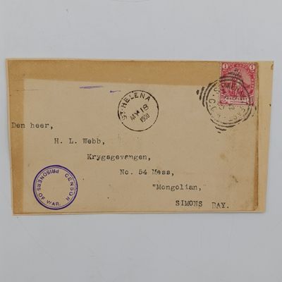 Pair of Boer War POW covers stuck back to back - Side A to HL Webb on board the Mongolian, Simon's Bay sent 12 April 1900 from Somerset East and Receiving cancel in St Helena 18 May 1900 