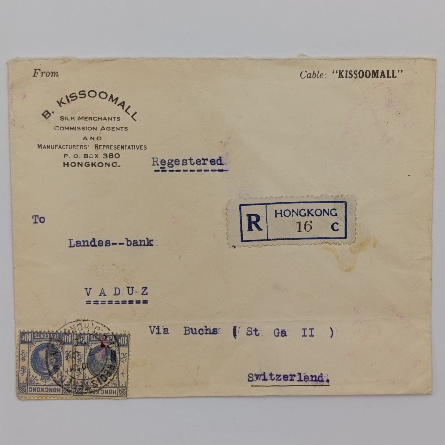 Registered letter Hong Kong to Vaduz, Switzerland with 2 x 10c Hong Kong George S stamps cancelled 1926