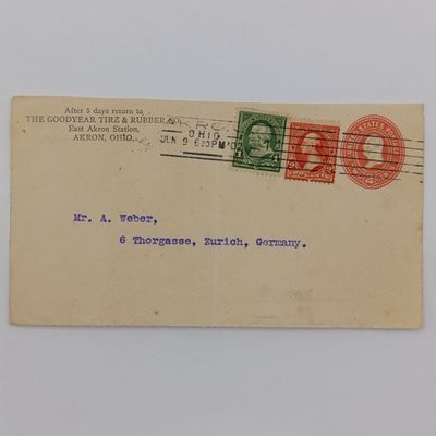 Goodyear type company front with pre printed postage embossed stamp - uprated with 2 x USA stamps cancelled. 9 June 1902 posted to Zurich, Switzerland