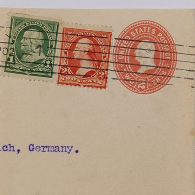 Goodyear type company front with pre printed postage embossed stamp - uprated with 2 x USA stamps cancelled. 9 June 1902 posted to Zurich, Switzerland