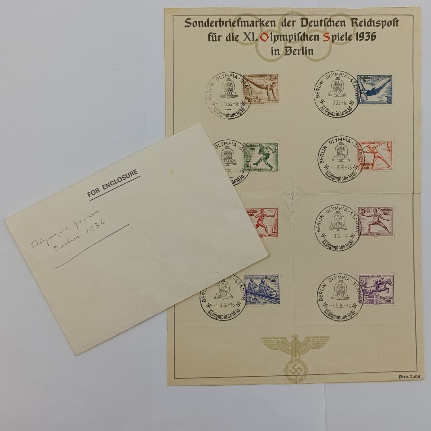 Berlin 1936 Olympic games lot of 8 stamps with cancellations on third Reich marked page