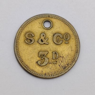 Vintage Strachan and  Co (3d) 3 pence brass token - Uniface set 1