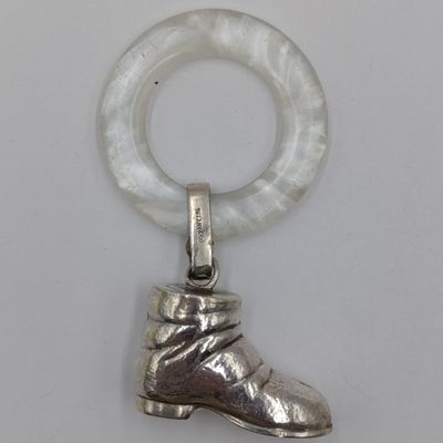 Vintage Tiffany and Co. Sterling silver baby rattle with mother of pearl teething ring