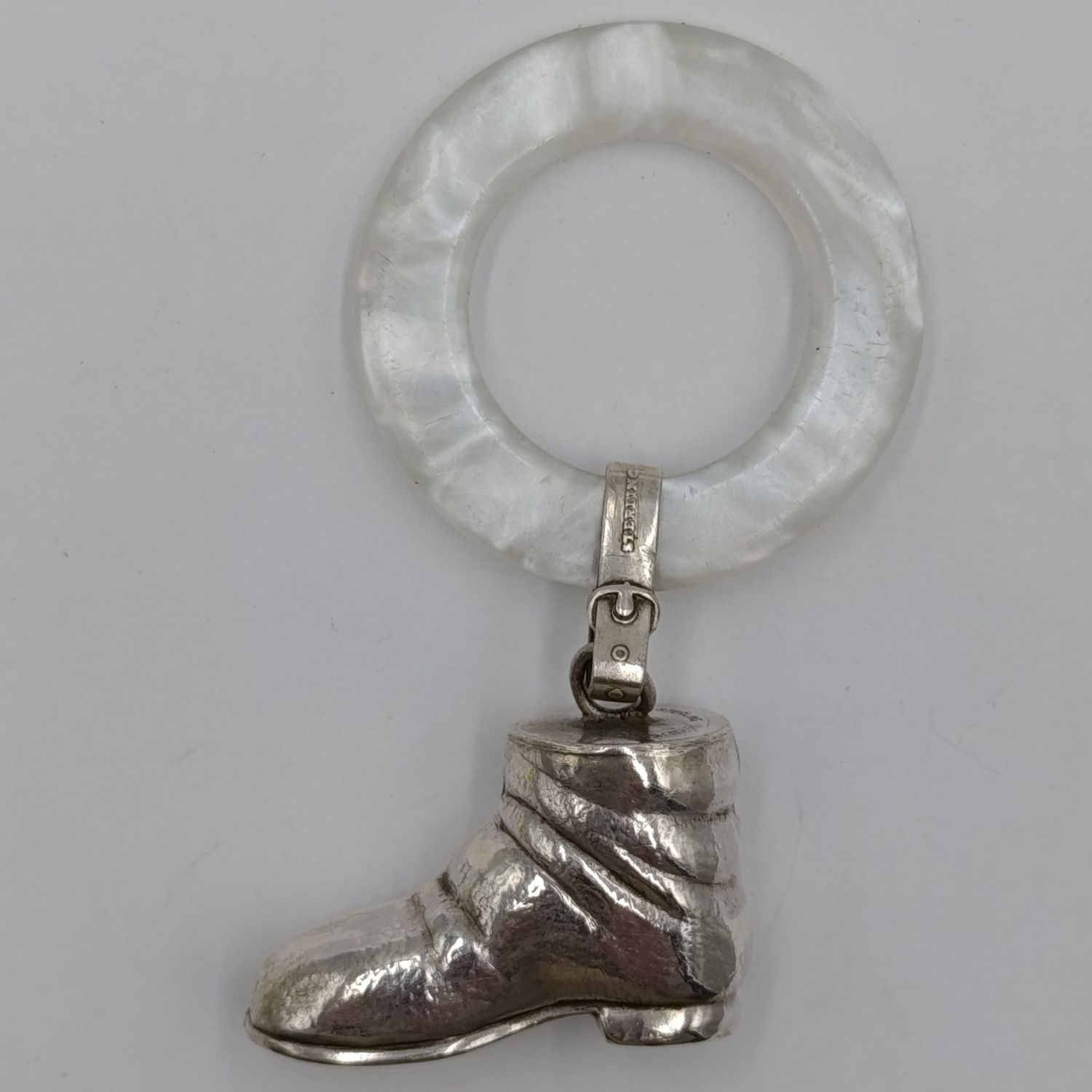 Vintage Tiffany and Co. Sterling silver baby rattle with mother of pearl teething ring