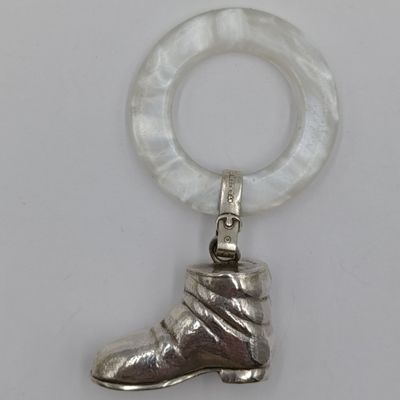 Vintage Tiffany and Co. Sterling silver baby rattle with mother of pearl teething ring