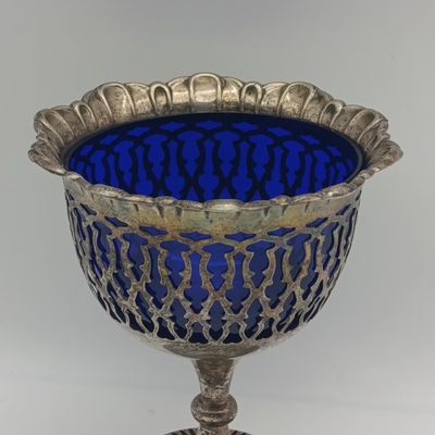 Silverplated vintage sugar bowl with cobalt blue glass insert