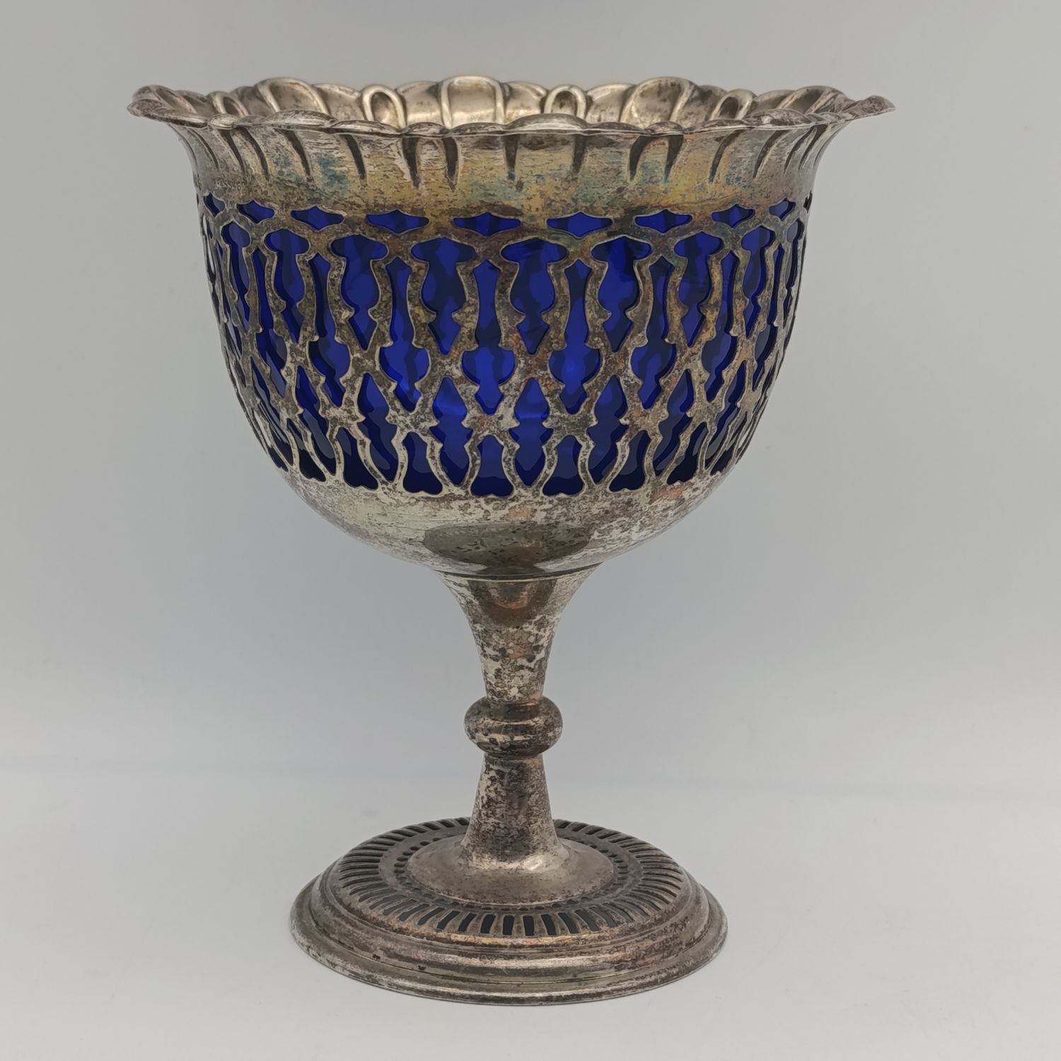 Silverplated vintage sugar bowl with cobalt blue glass insert