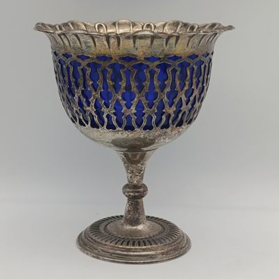 Silverplated vintage sugar bowl with cobalt blue glass insert