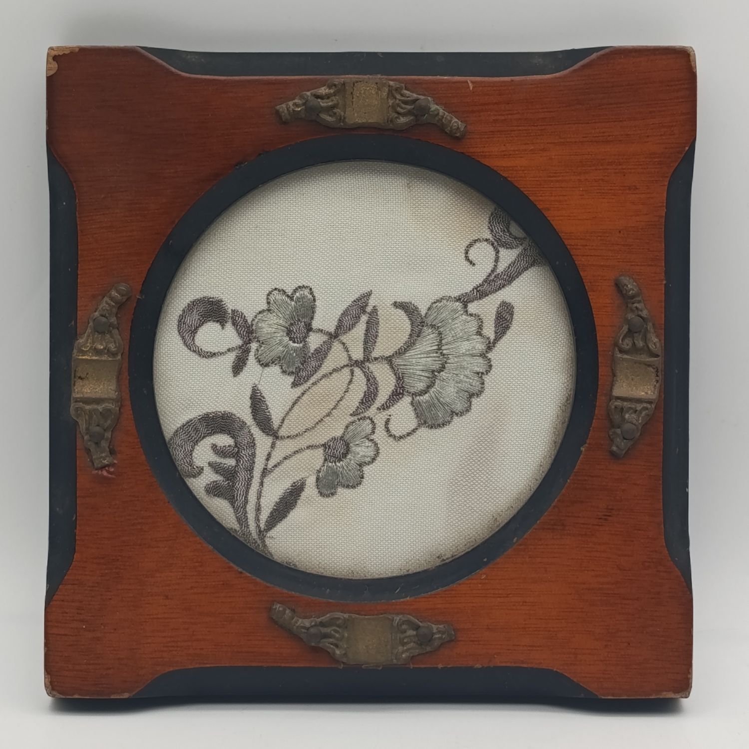 Antique Wooden frame with silver bullion wire flower embroidery