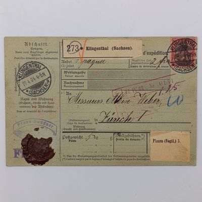 1904 German posted dispatch card - Klingenthal, Sachsen to Zurich, Switzerland with 80 pf Deutsches Reich stamp cancelled 19/04/1904 ( nice date ) Various rubbers cancels and stickers