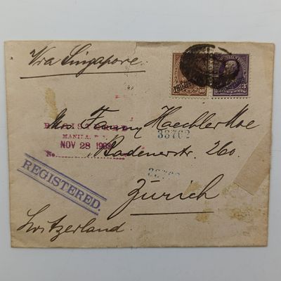 Registered letter sent from Manila, Philippines via Singapore to Zurich , Switzerland with 2 x US postage Philippines overprint stamps cancelled 28 Nov 1903