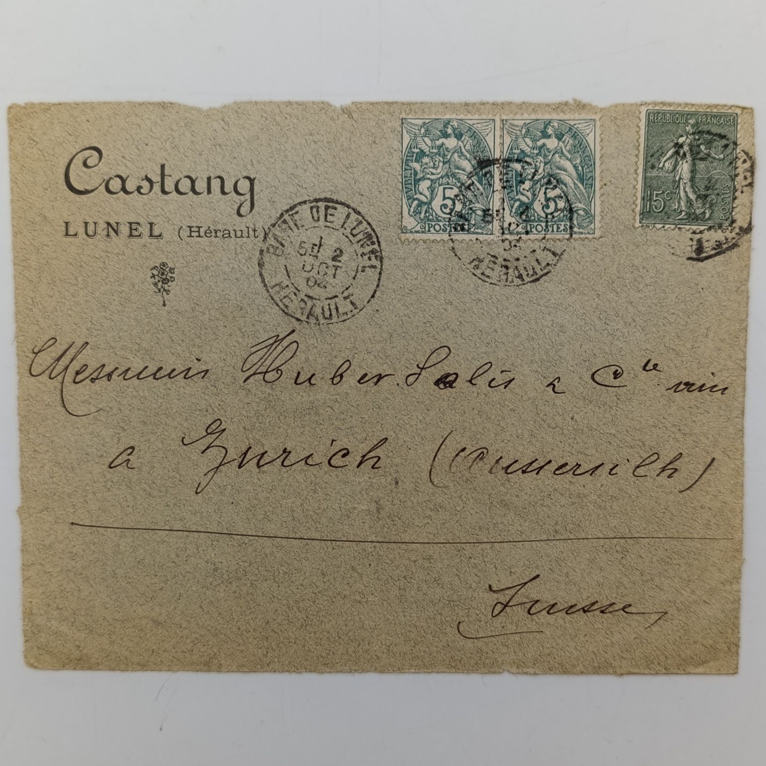 Postal cover front sent from France to Zurich, Switzerland with 3 French stamps cancelled 5 Oct 1904