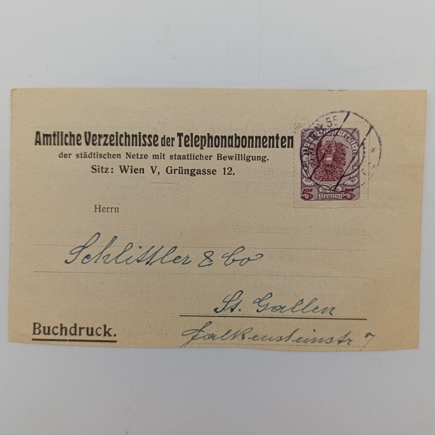 German - AUSTRIA  5 KRONEN used stamp on page posted to St Gallen, Swiss Canton 13/12/1921 - This is a telephone directory request