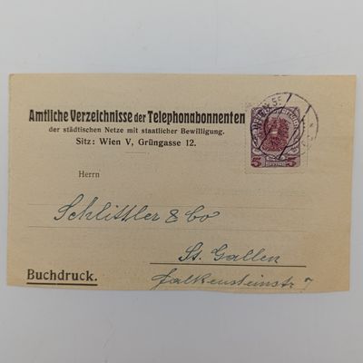 German - AUSTRIA  5 KRONEN used stamp on page posted to St Gallen, Swiss Canton 13/12/1921 - This is a telephone directory request