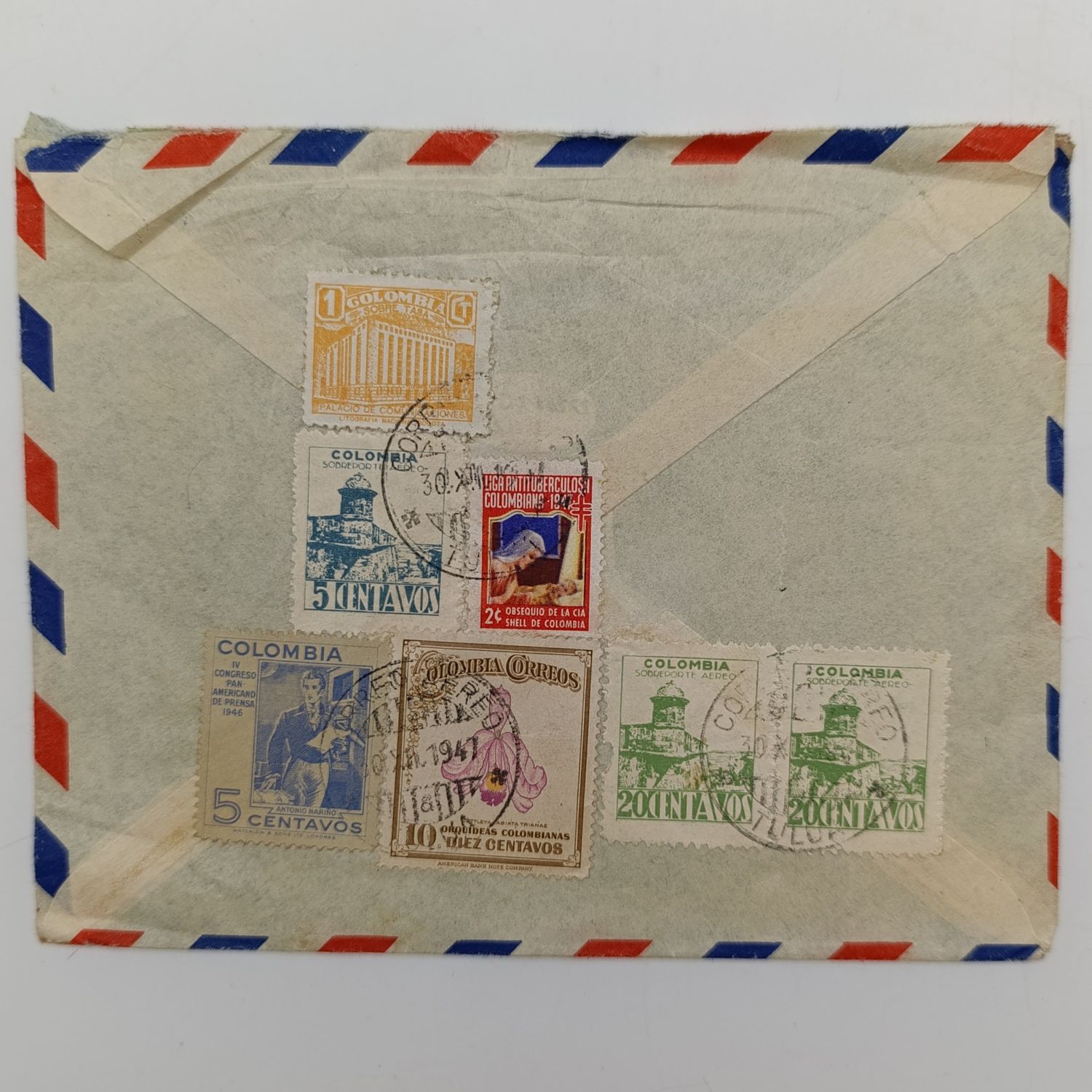 Letter sent from Tulua, Colombia to Estcourt, South Africa with 7 Colombian stamps on back cancelled 30/12/1947
