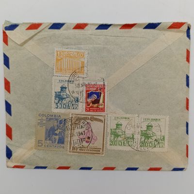 Letter sent from Tulua, Colombia to Estcourt, South Africa with 7 Colombian stamps on back cancelled 30/12/1947