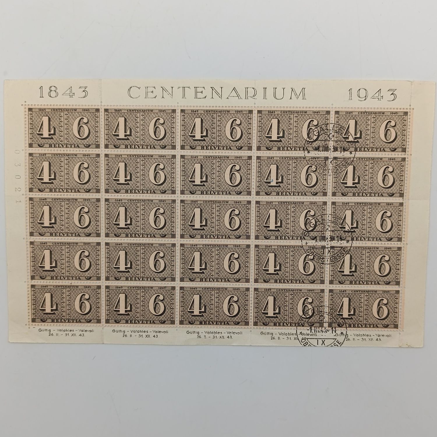 Sheet of Swiss 1943 postage stamps 25 Stamps - 10 of them cancelled 1/3/1943 during WW2