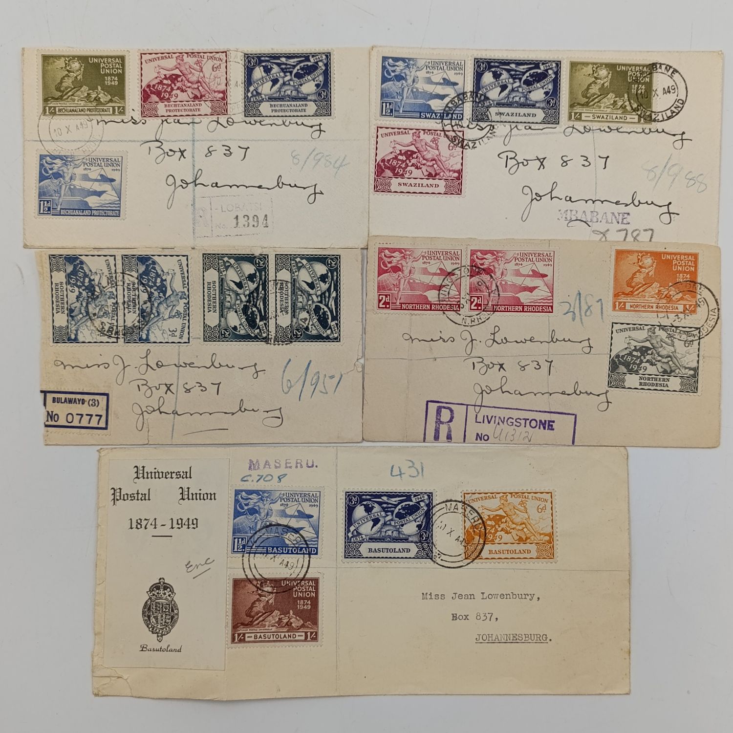 Universal Postal Union Stamps 1949 - First Day Useage - Northern Rhodesia  Southern Rhodesia Swaziland Bechuanaland Protectorate  Basutoland