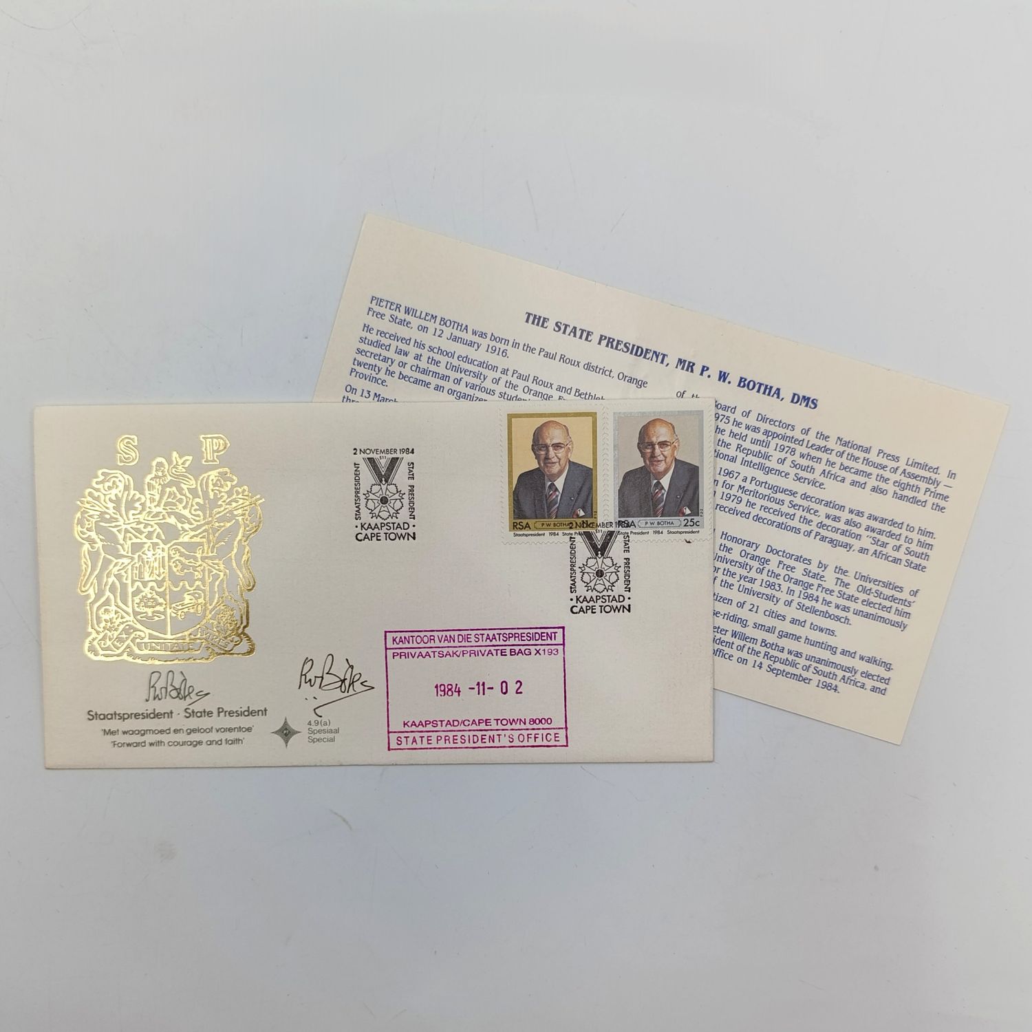 PW Botha First Day Cover signed by him - and with State President&#39;s office rubber stamp