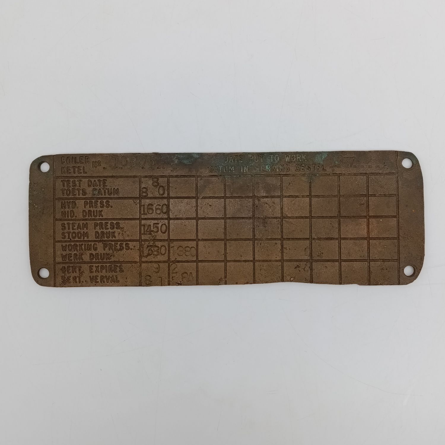 SA Railways brass boiler #10805 pressure check plate 1981-1984