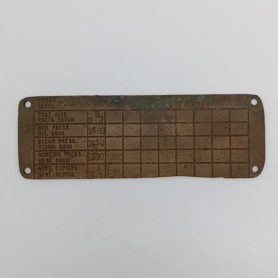 SA Railways brass boiler #10805 pressure check plate 1981-1984