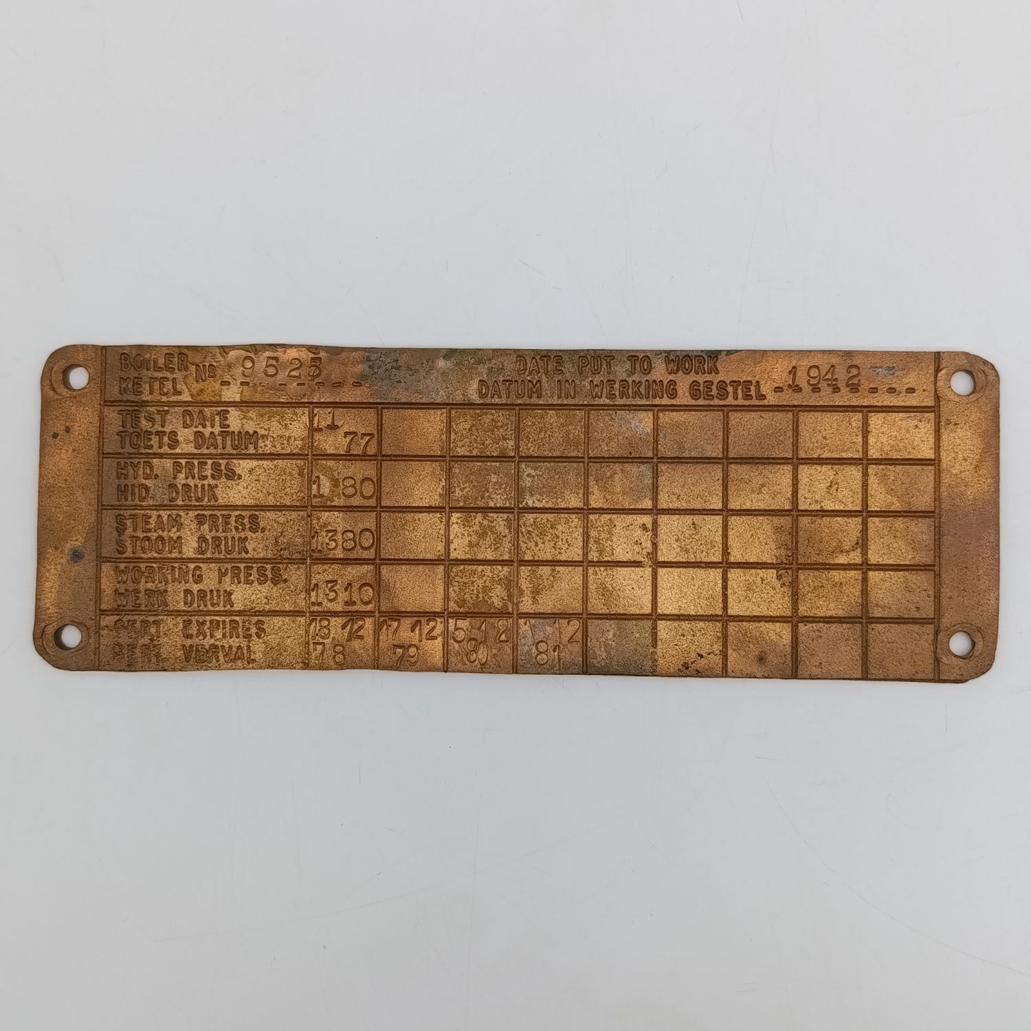 SA Railways brass boiler #9525 pressure check plate 1978-1981