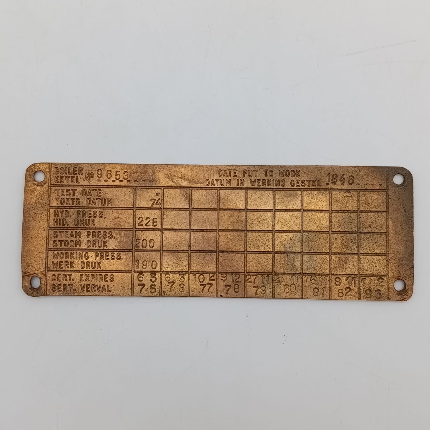 SA Railways brass boiler plate 1974 to 1983 - #9653