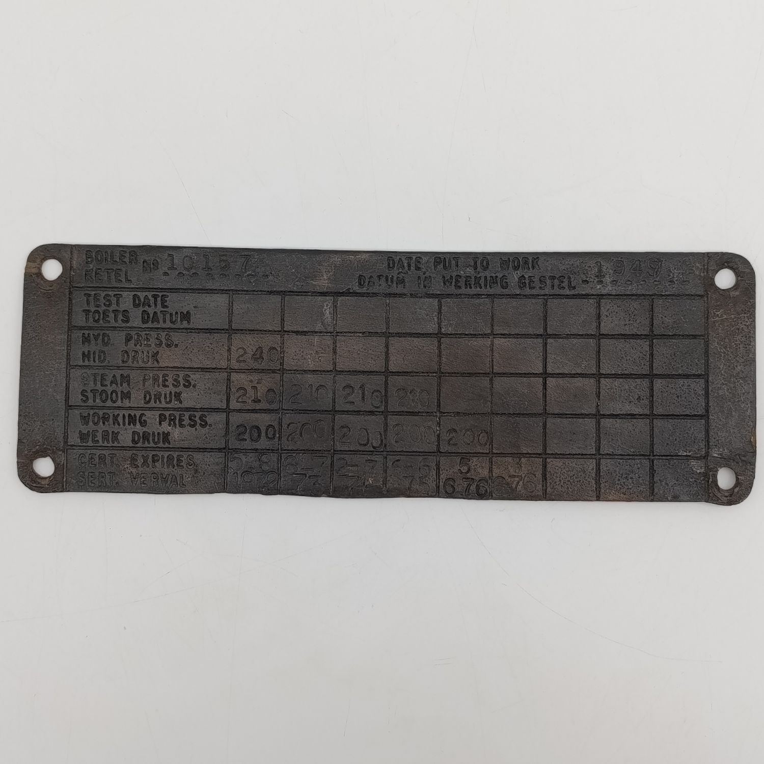 SA Railways brass boiler #10157 pressure check plate 1972-1976