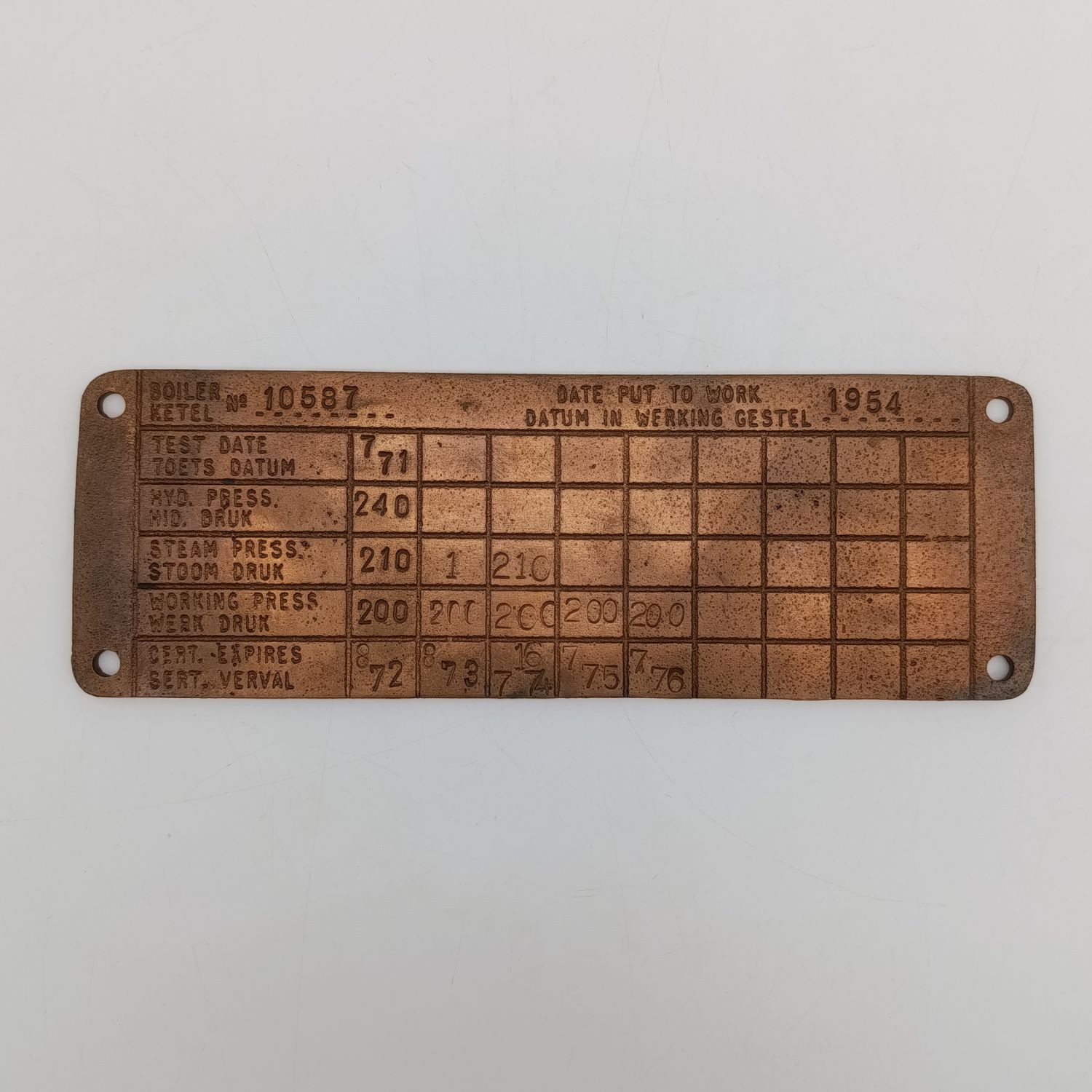 SA Railways brass boiler #10587 pressure check plate 1972-1976