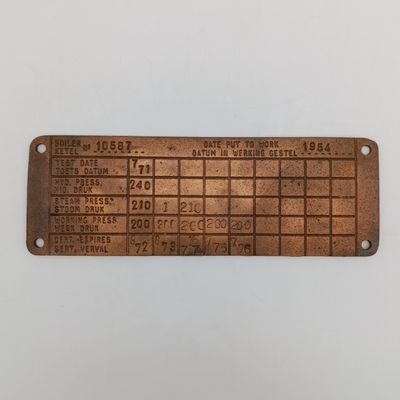 SA Railways brass boiler #10587 pressure check plate 1972-1976