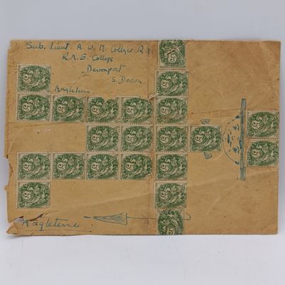 Interesting lot of 30 French 5 Centimes stamps spaced to look like man with hat - addressed to Sub Lt AWM Collger - RAE College - Devonport - not cancelled