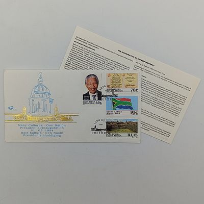 Mandela proof R5 on FDC no 6.3c plus Mandela inauguration cover 6.3b plus R5 Mandela coin 2000