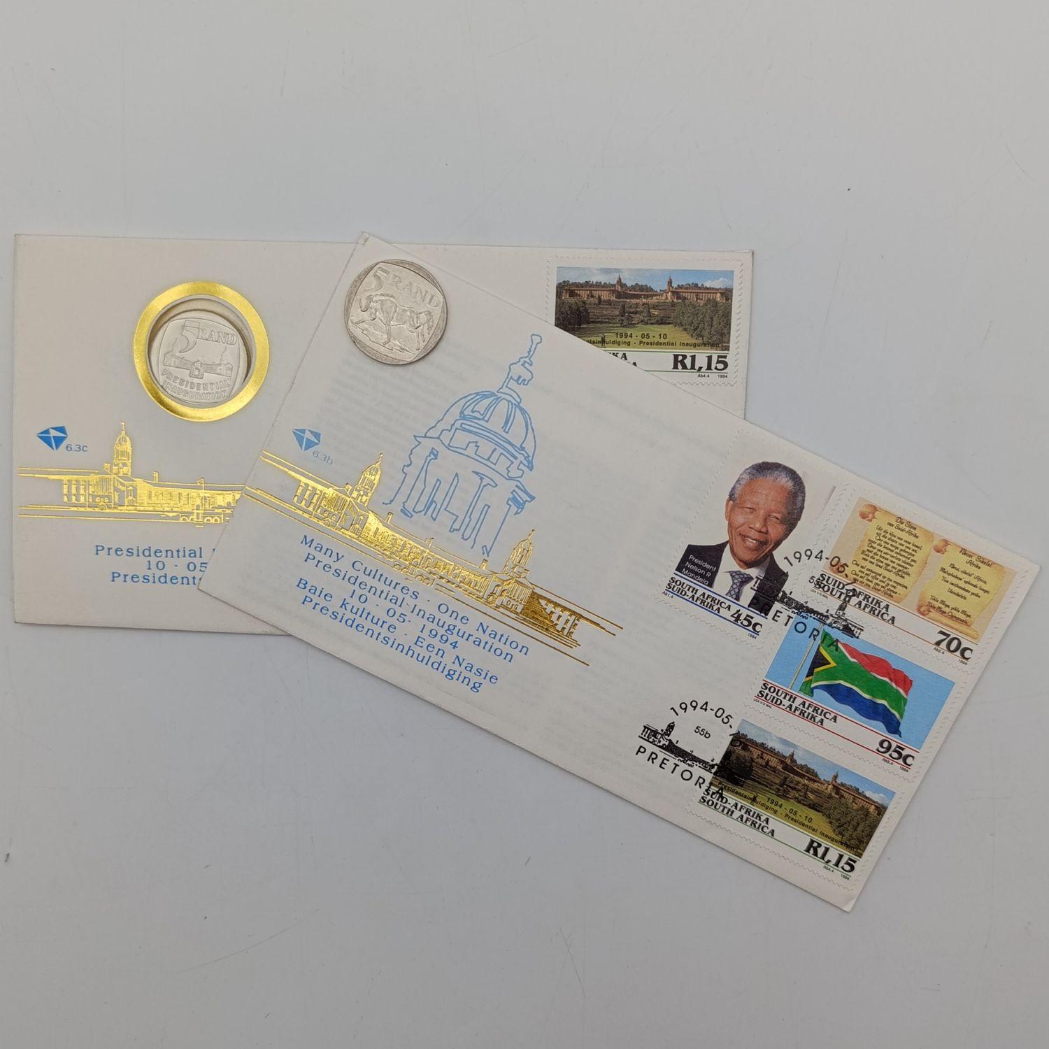 Mandela proof R5 on FDC no 6.3c plus Mandela inauguration cover 6.3b plus R5 Mandela coin 2000