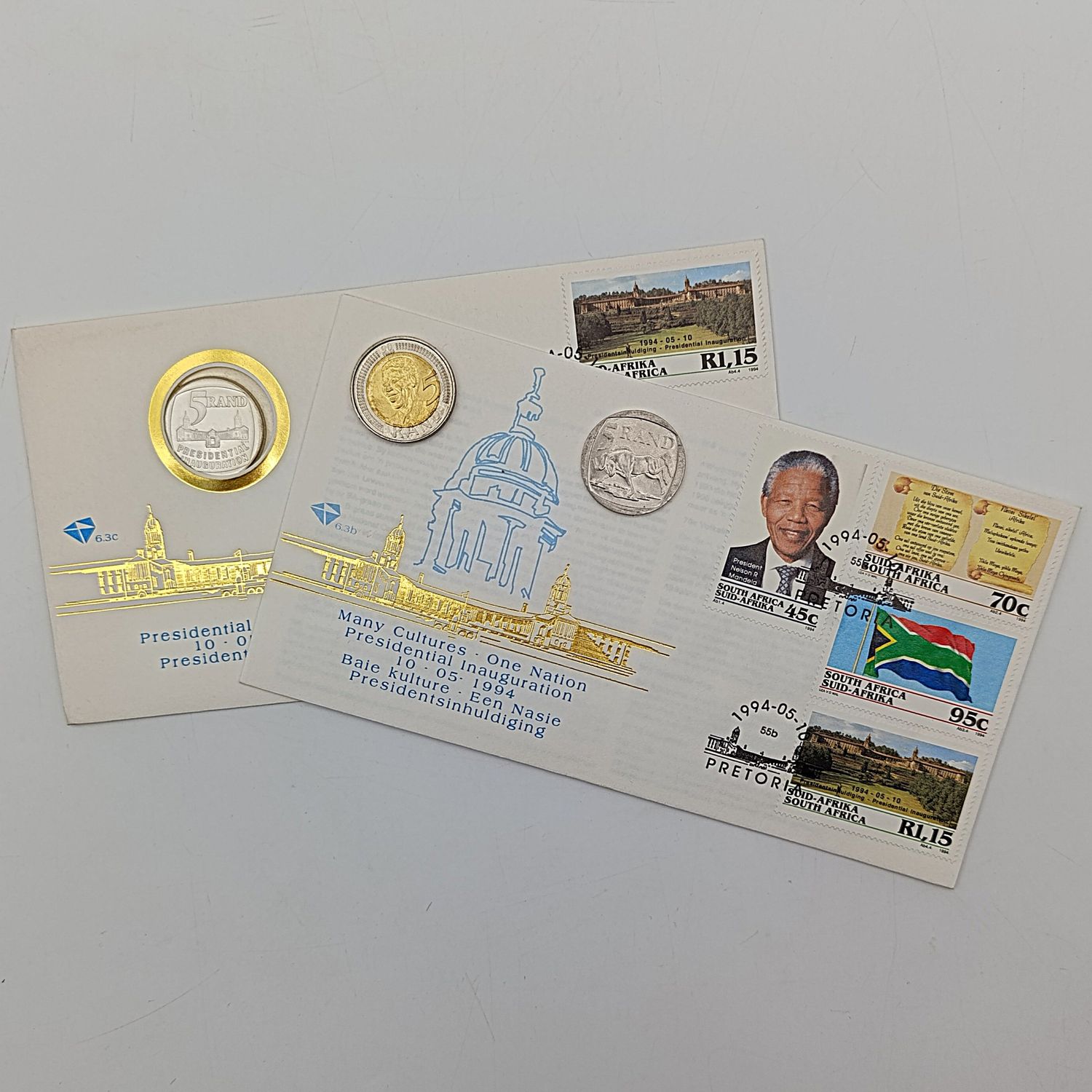 Mandela set with FDC 6.3b inauguration FDC 6.3c with proof R5 1994 plus year 2000 R5 Mandela and year 2008 R5 Mandela