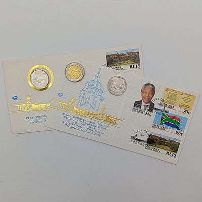 Mandela set with FDC 6.3b inauguration FDC 6.3c with proof R5 1994 plus year 2000 R5 Mandela and year 2008 R5 Mandela
