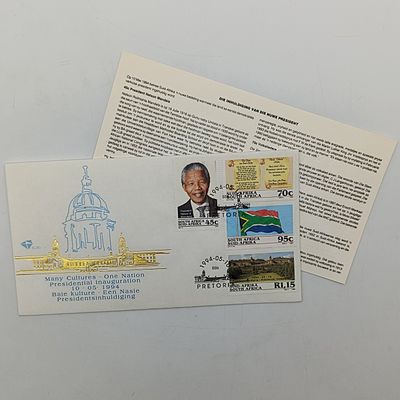 Mandela set with FDC 6.3b inauguration FDC 6.3c with proof R5 1994 plus year 2000 R5 Mandela and year 2008 R5 Mandela