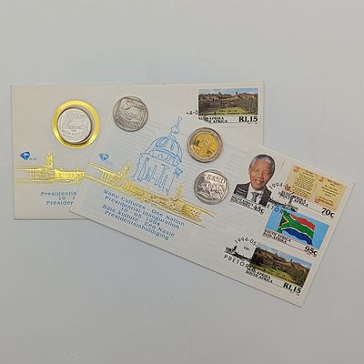 Mandela set with 6.3b FDC  6.3c FDC with proof R5 1994 Inauguration R5 2000 Mandela R5  2008 Mandela R5
